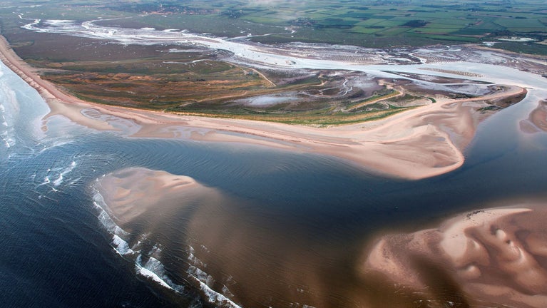 Aerial view of the salt marsh and tidal mudflats at Blakeney Point.